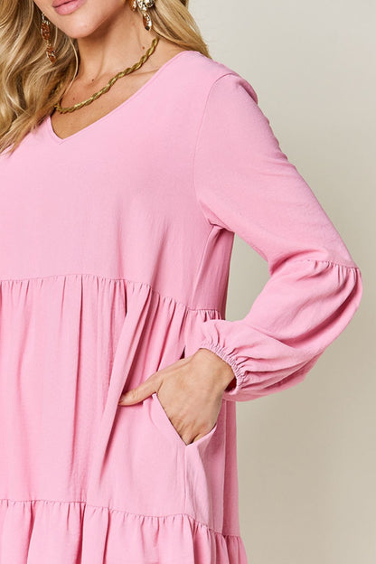 V-Neck Balloon Sleeve Tiered Dress