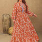 Plus Size Printed Notched Long Sleeve Maxi Dress