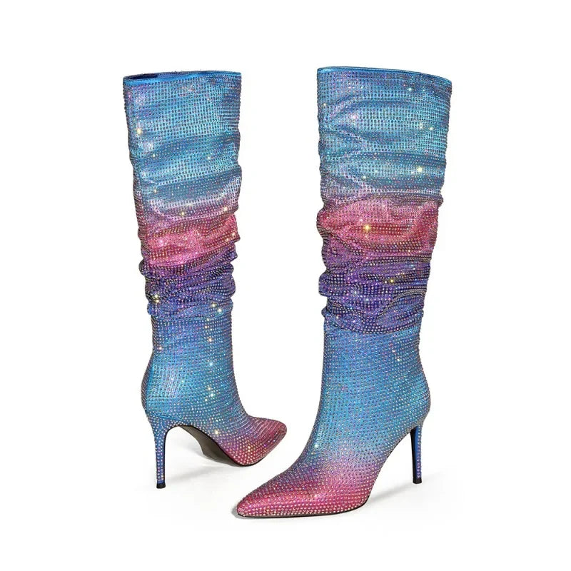 Gradient Rhinestone Pleated Knee-High Boots