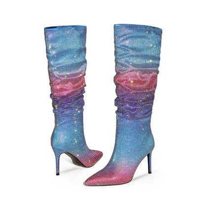 Gradient Rhinestone Pleated Knee-High Boots