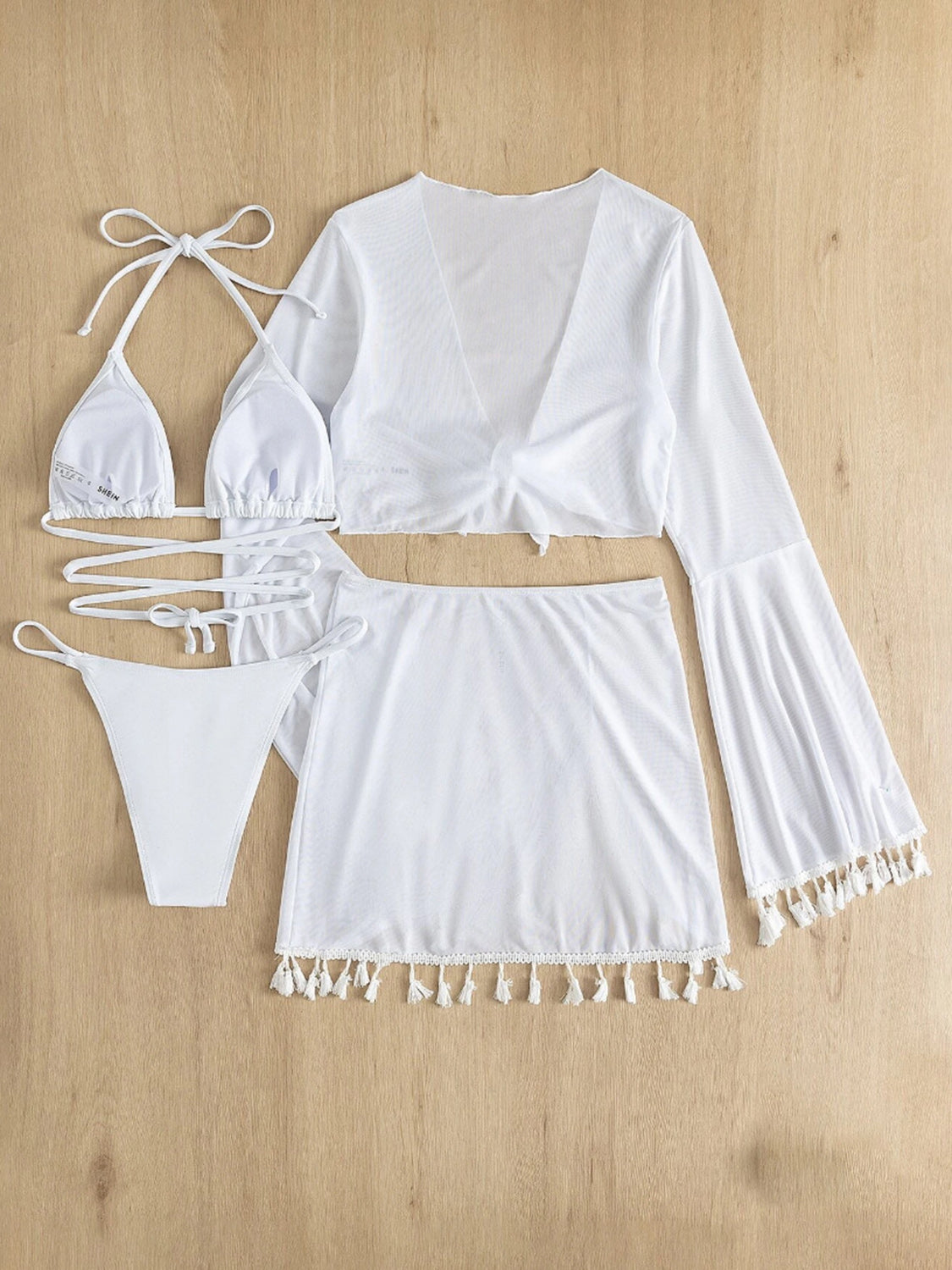 Halter Neck Bra, Bottom, Tassel Flare Sleeve Cover-Up and Skirt Four-Piece Swim Set