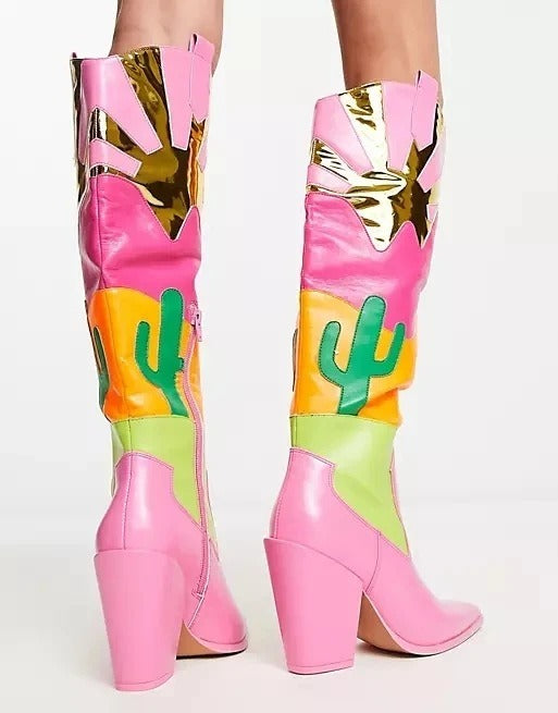 Cactus Patchwork Pointed Toes Cowboy Boots