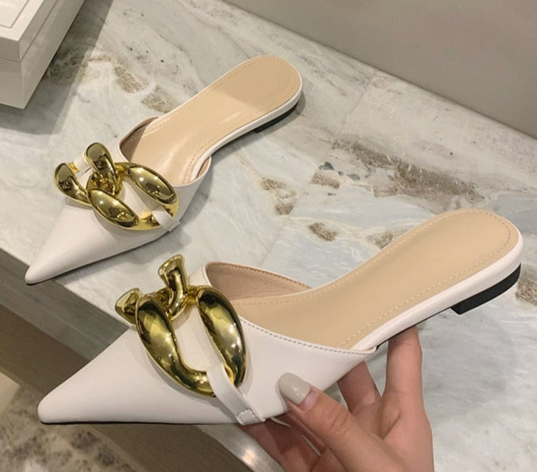 Metal Chain Pointed Toe Mules