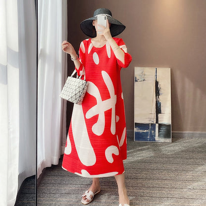 Miyake Pleated Abstract Print Midi Dress