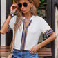 Contrast Stripes Notched Short Sleeve Blouse