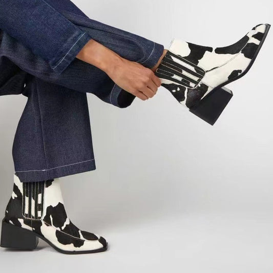 Cow Print Square Toe Chelsea Boots