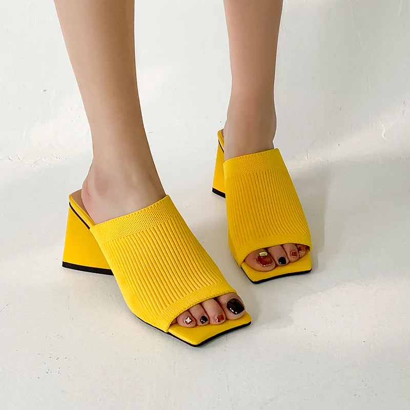Knitted Fabric Square Toe High Heel Sandals
