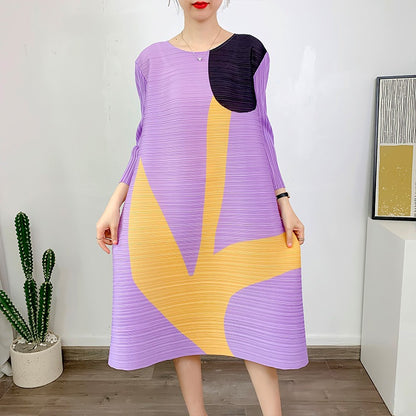 Miyake Pleated Printed Three-Quarter Sleeves Midi Dress