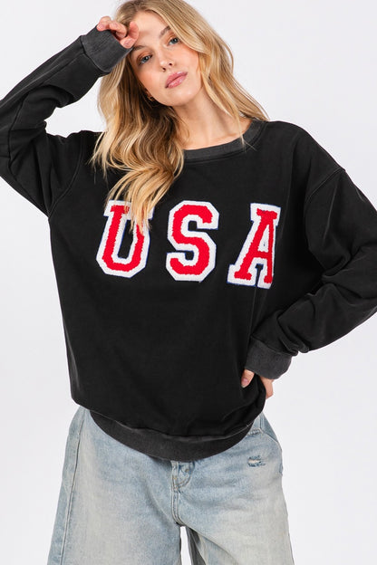 USA Letter Patch Round Neck Sweatshirt