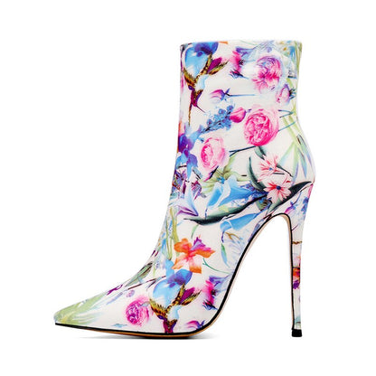 Floral Print Pointed Toe Ankle Boots