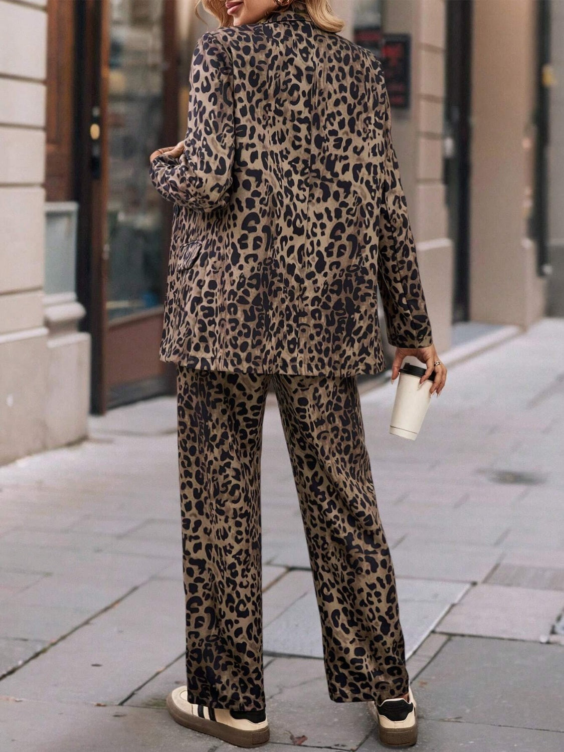 Leopard Lapel Collar Long Sleeve Blazer and Pants Set