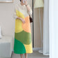 Miyake Pleated Color Block Turtleneck Midi Dress