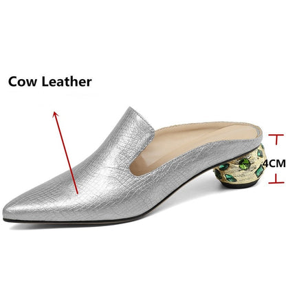 Genuine Leather Rhinestone Pointed Toe Crystal Pumps