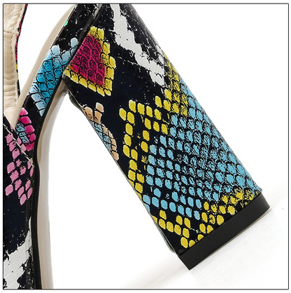 Snakeskin Print Pointed Toe Block Heel Shoes