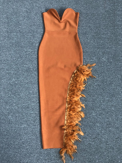 Strapless Bodycon Dress with Feathers