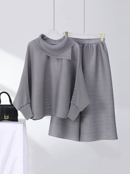 Miyake Pleated Long Sleeve Top and  Wide Leg Pants Set