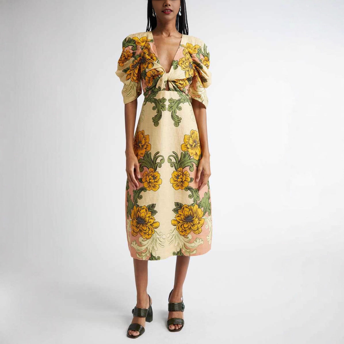 Printed Hollow Out V-Neck Midi Dress
