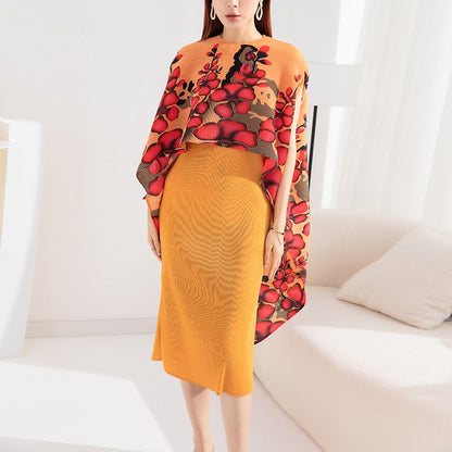 Miyake Pleated O-Neck Sleeveless Midi Dress and Printed Hi-Low Jacket Set