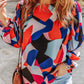 Abstract Pattern Crewneck Ruffled Puff Sleeve Blouse