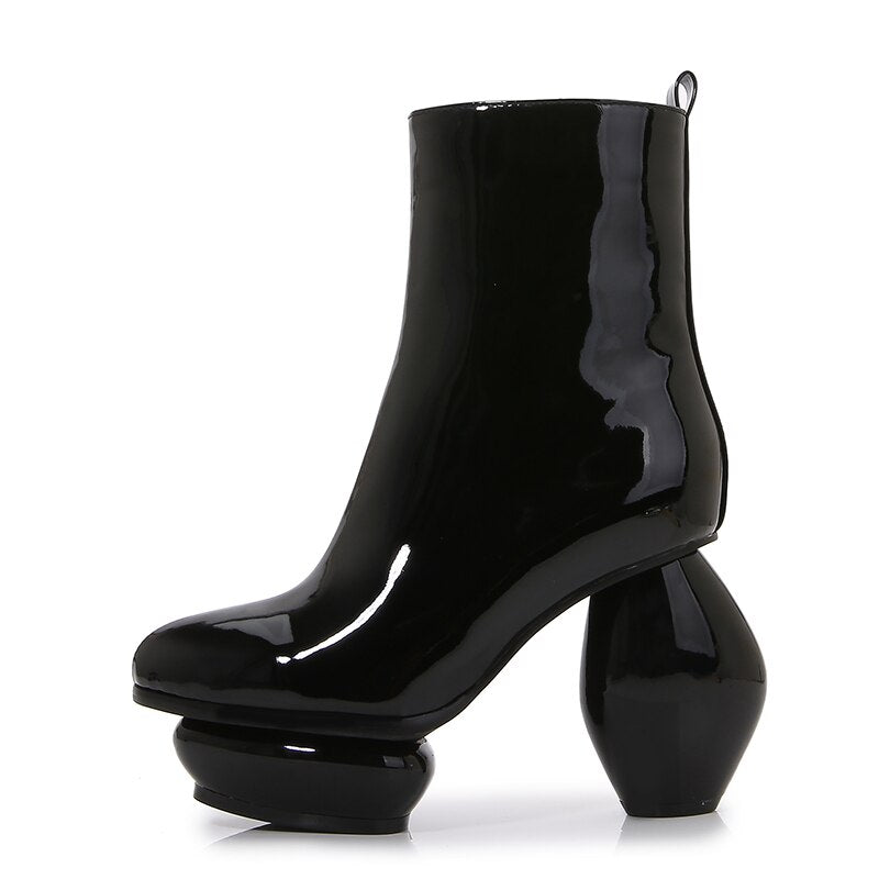 Patent Leather Unique Vase Heel Ankle-Boots