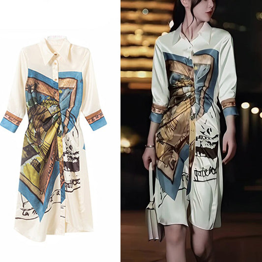 Printed Collared Neck Midi Shirt Dress