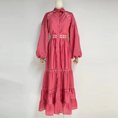 Embroidery Lantern Sleeve Openwork Maxi Dress