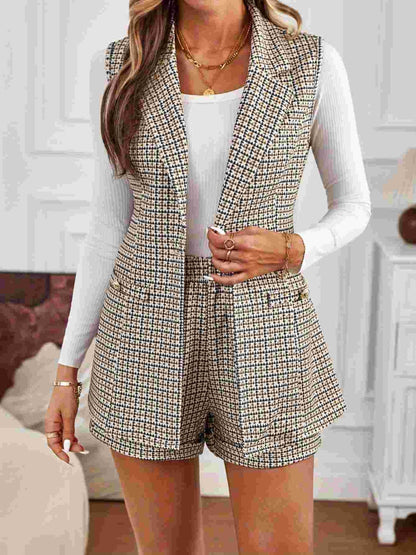 Tied Plaid Collared Neck Vest and Shorts Set