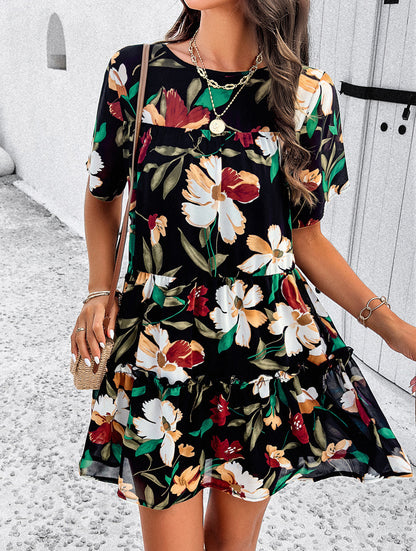 Floral Printed Tiered Tie-Back Mini Dress