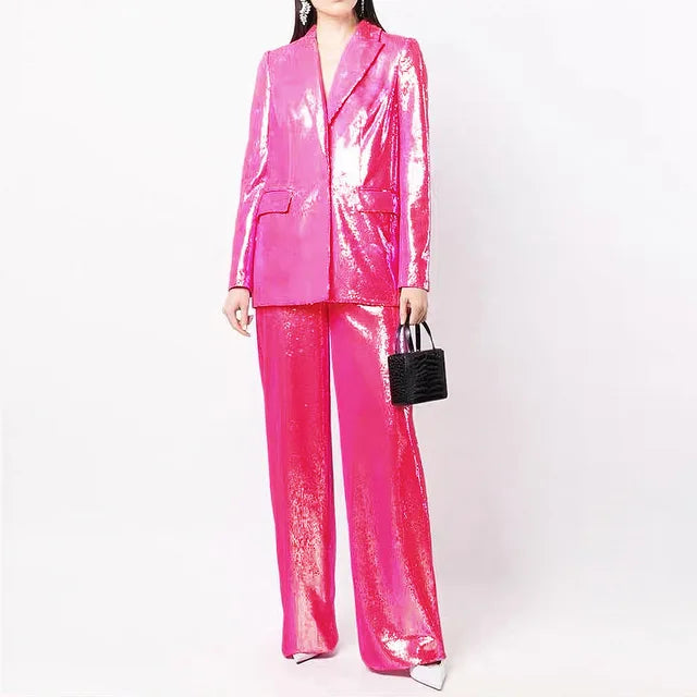 Sequined Blazer and Wide Leg Pant Suit Set