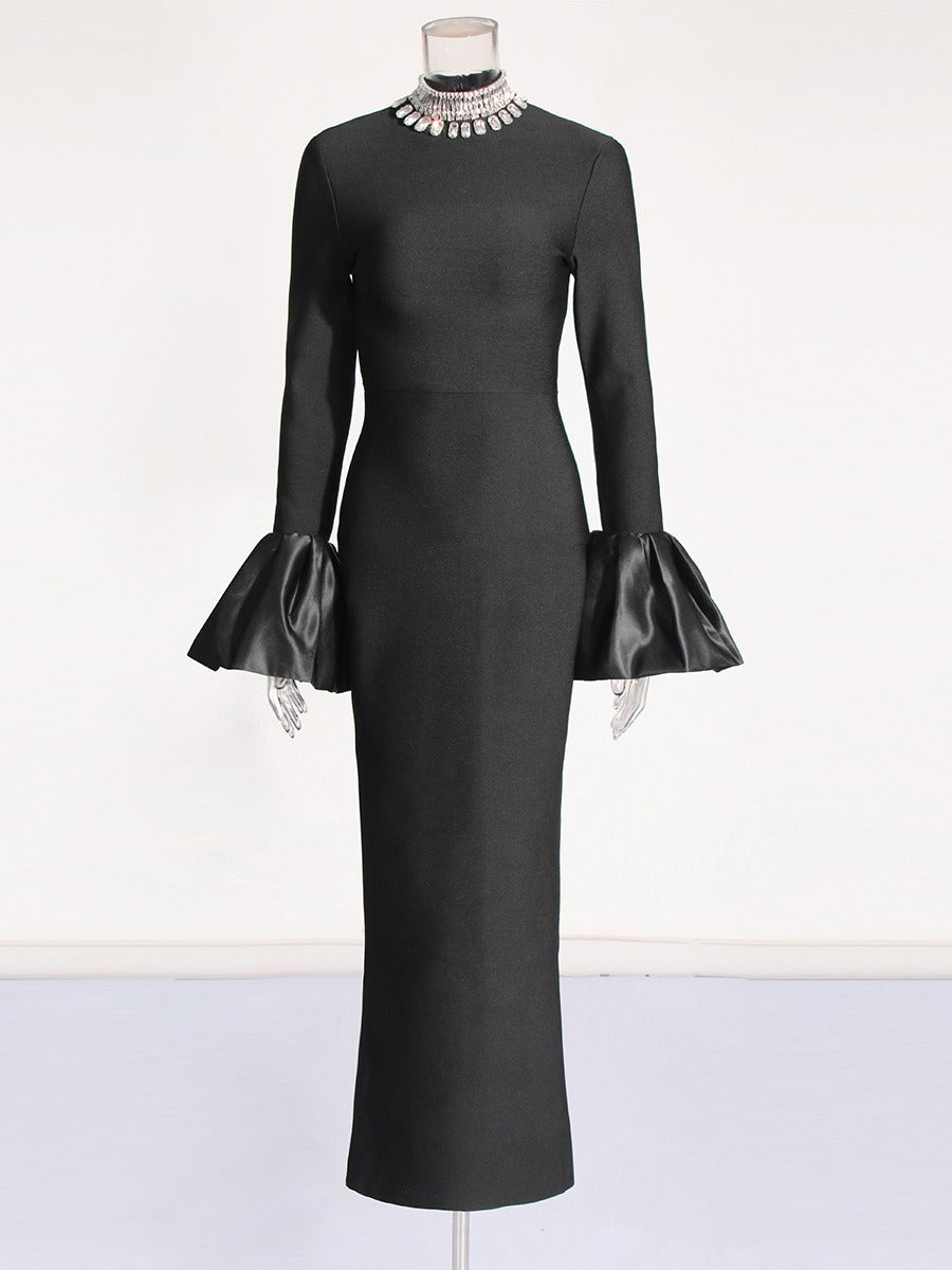 Rhinestone Turtleneck Long Sleeve Bandage Dress