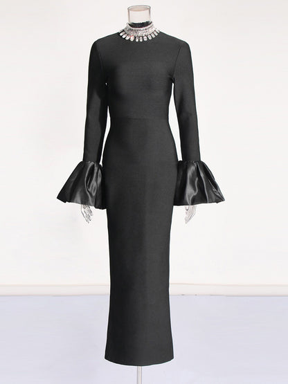 Rhinestone Turtleneck Long Sleeve Bandage Dress