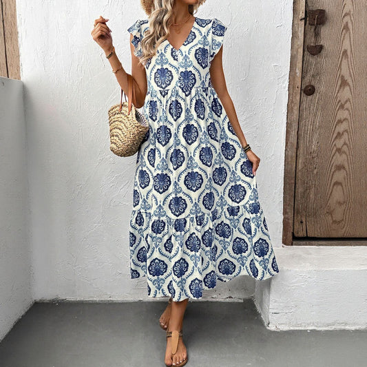 Printed Ruffled Cap Sleeves Midi Dress
