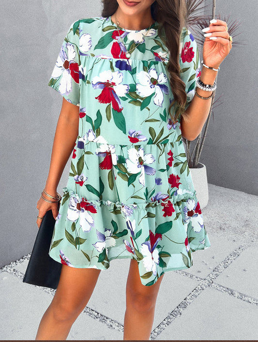 Floral Printed Tiered Tie-Back Mini Dress