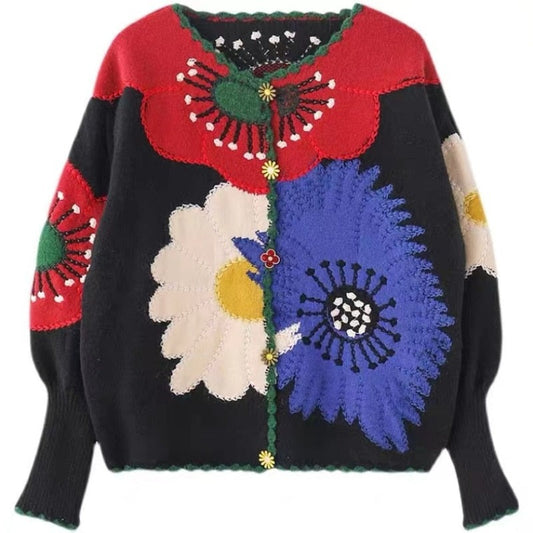 Vintage Contrast Flower Embroidery Knitted Cardigan