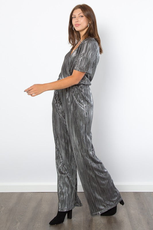 Surplice Short Sleeve Pleated Foil Jumpsuit