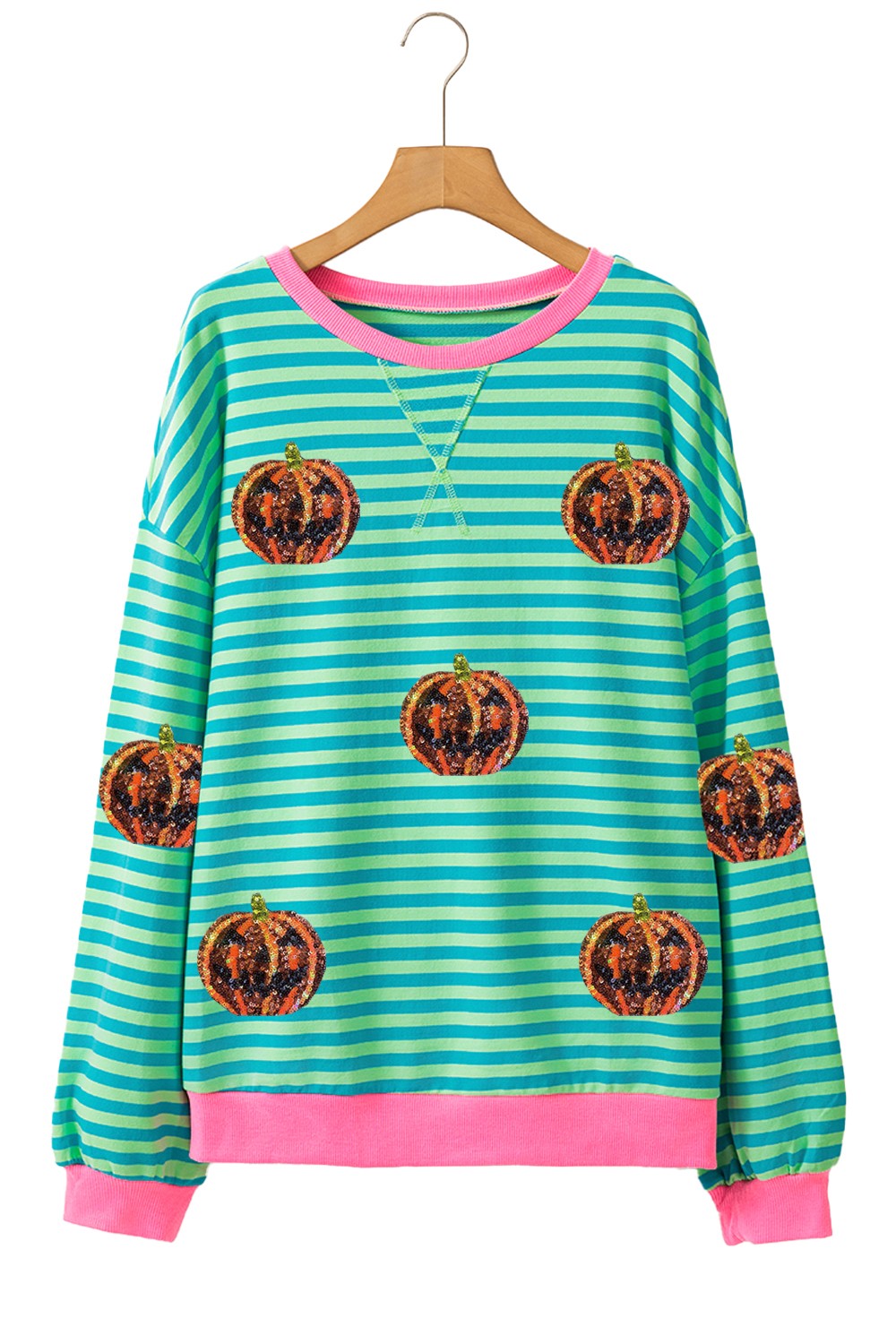 Pumpkin Striped Round Neck Long Sleeve Sweatshirt