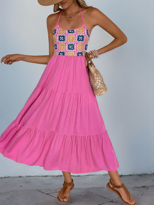 Printed Halter Neck Tiered Midi Dress