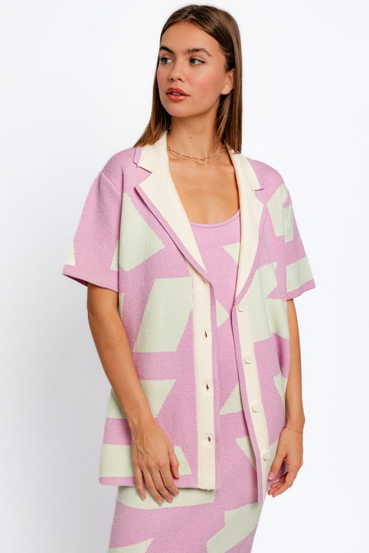 Abstract Contrast Short Sleeve Collared Cardigan