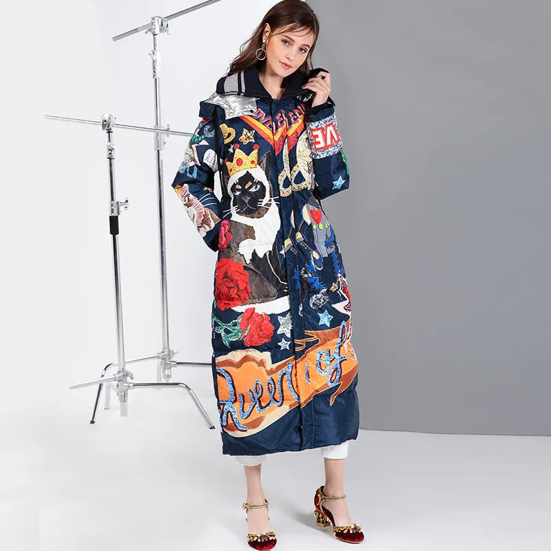 Printed Ribbed Collar Hooded Duck Down Overcoat