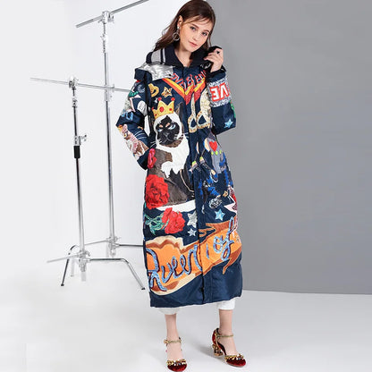 Printed Ribbed Collar Hooded Duck Down Overcoat