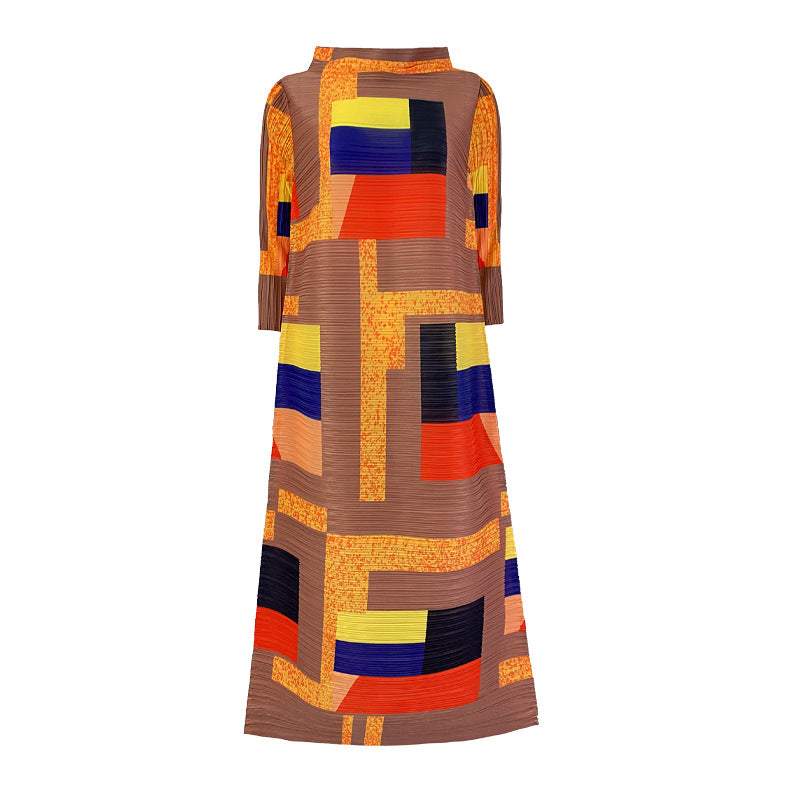 Miyake Pleated Geometric Print Long Dress