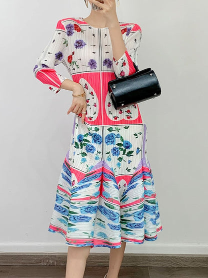Miyake Pleated Printed Round Neck Long Sleeves Dress