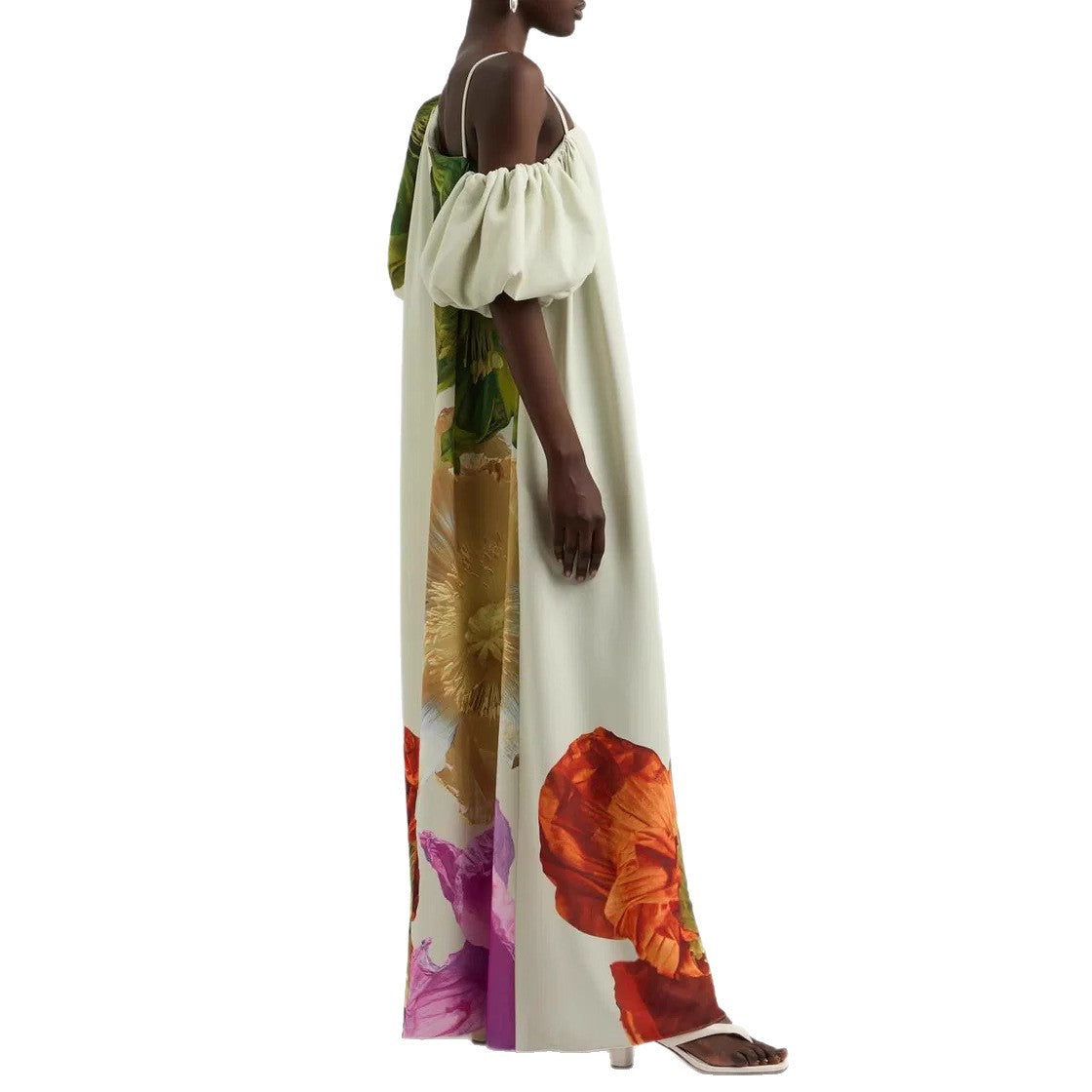Floral Asymmetrical Neck Balloon Sleeve Maxi Dress