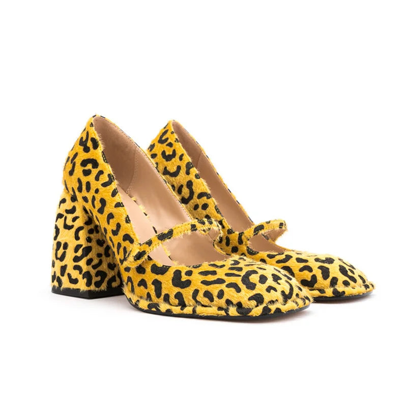 Leopard Square Toe Block Heel Shoes