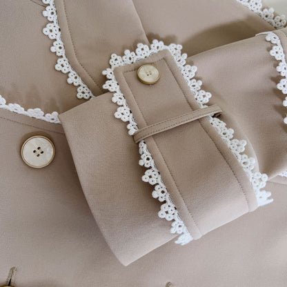 Contrast Lace Trim Double-Breasted Trench Coat