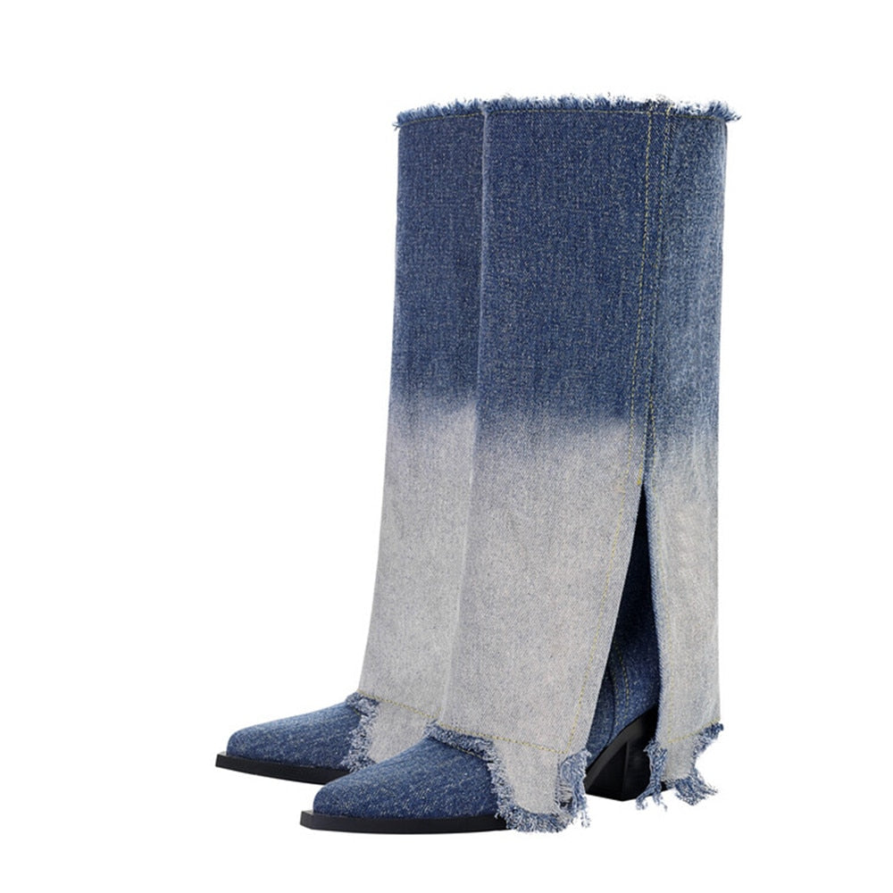 Gradient Pointed Toe Denim Knee High Boots