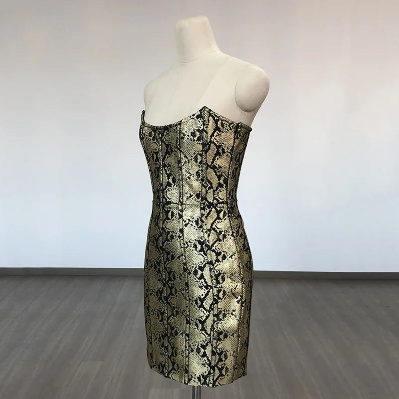 Snakeskin Print Strapless Bodycon Mini Dress