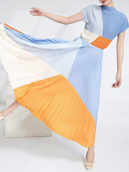 Miyake Pleated Color Block Top & Long Skirt Set