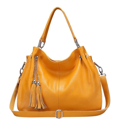 Tassel Detail Genuine Leather Shoulder Bag