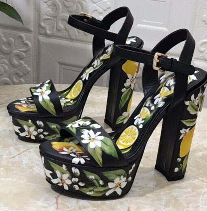 Floral Print Hoof Heel Platform Sandals